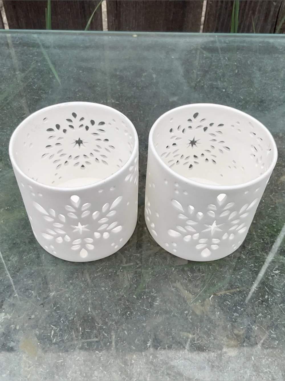 Crate&Barrel White Ceramic Cutout Candle Holders — Pair
